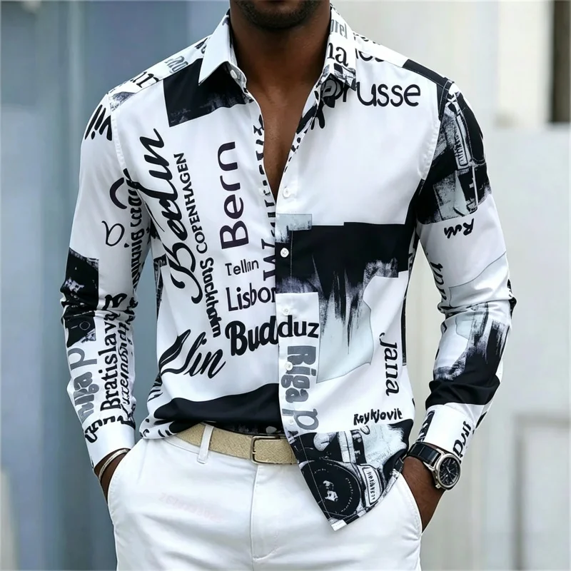Street Fashion Men - Erkek Baskılı Uzun Kollu Gömlek, Yaka