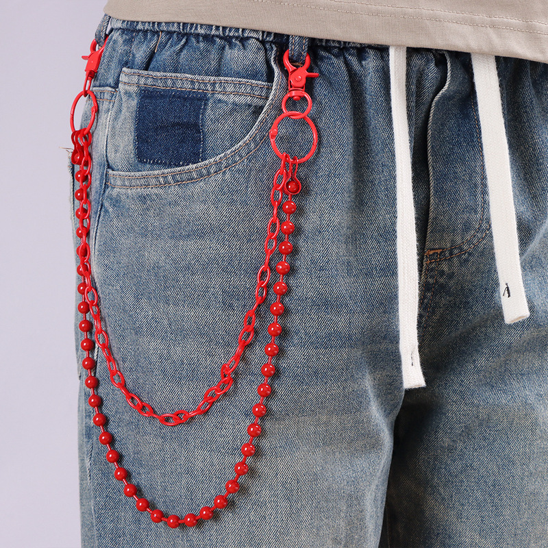 Street Fashion Jewelry - Parlak Kırmızı Boncuklu Çok Katmanlı Pantolon